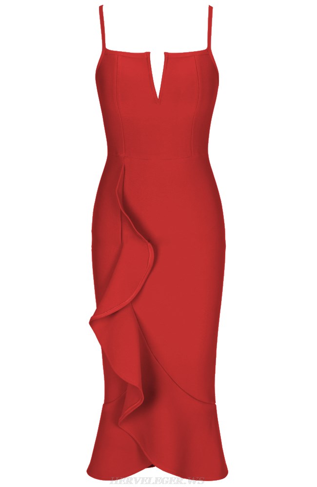 Herve Leger Red Frill Detail Fluted Dress