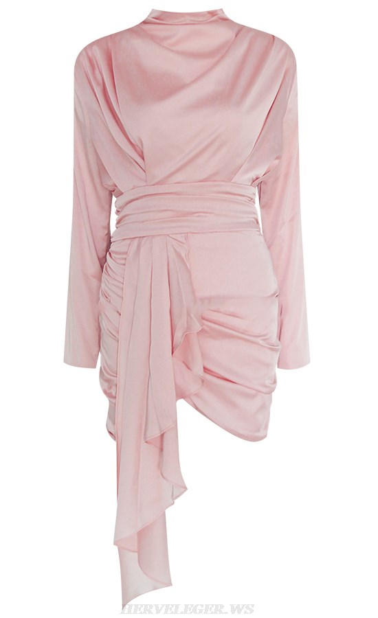 Herve Leger Pink Long Sleeve Ruched Satin Dress