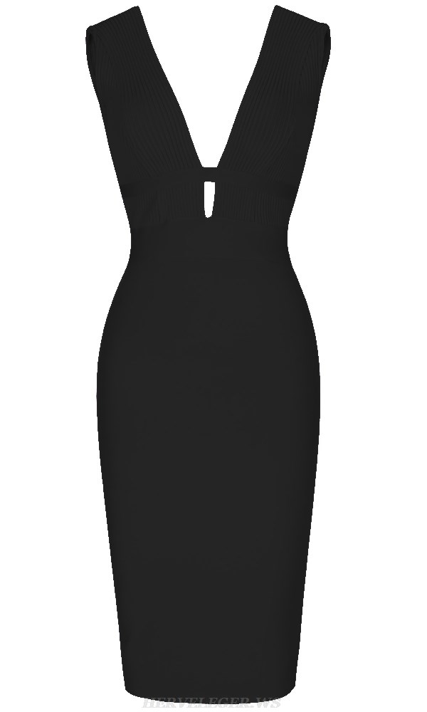 Herve Leger Black Ribbed Plunge V Neck Dress