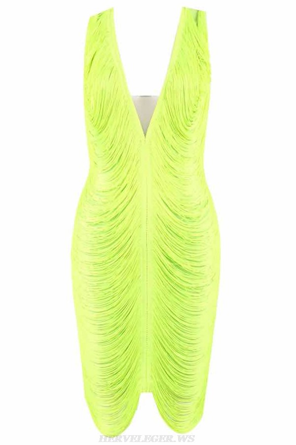 Herve Leger Neon Tassel Detail V Neck Dress