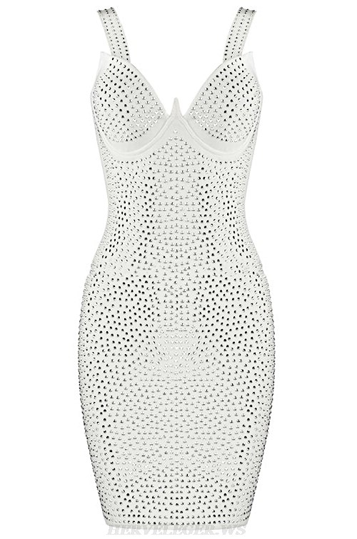 Herve Leger White Bustier Studded Dress