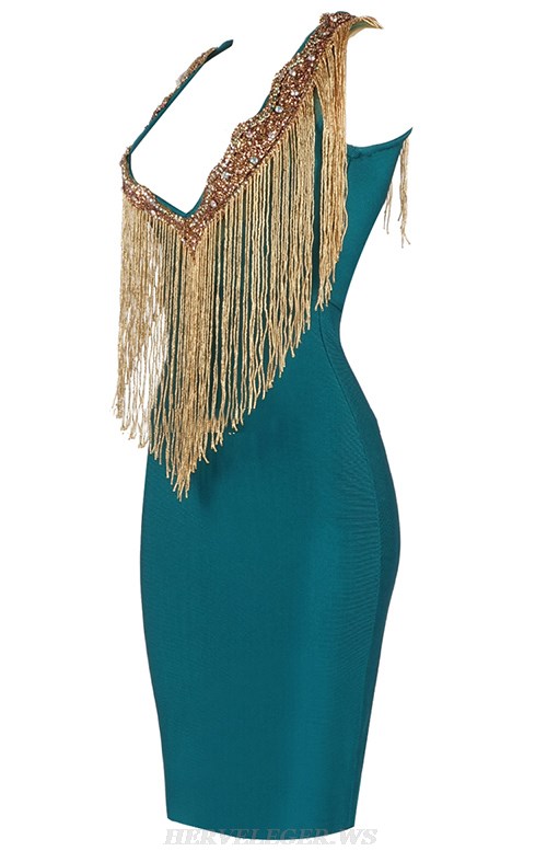 Herve Leger Green Gold Deep V Neck Embellished Tassel Dress