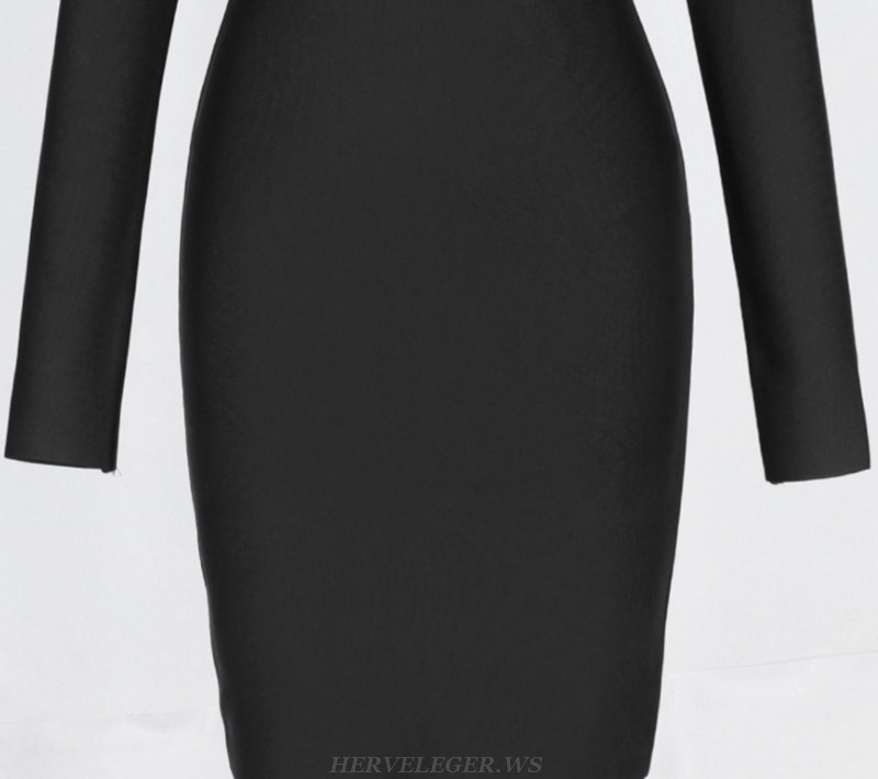 Herve Leger Black V Neck Long Sleeve Mesh Dress