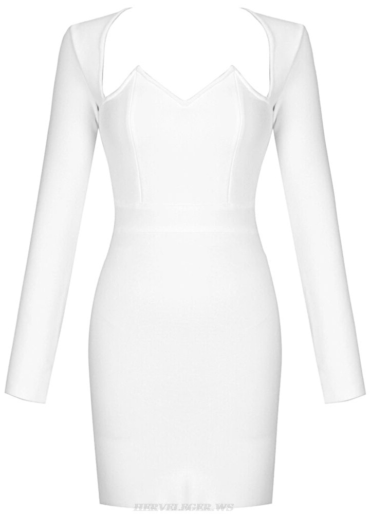 Herve Leger White Long Sleeve Sweetheart Dress