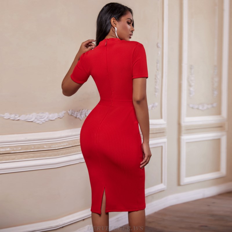 Herve Leger Red Short Sleeve Lace Ribbed Dress