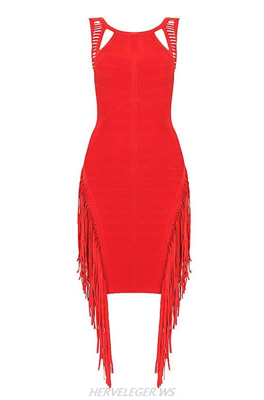 HERVE LEGER ROUND NECK FRINGE BANDAGE DRESS