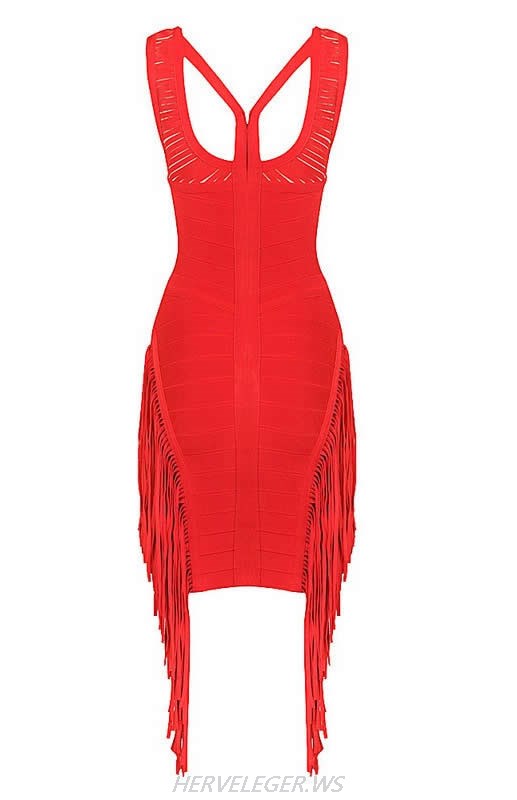 HERVE LEGER ROUND NECK FRINGE BANDAGE DRESS