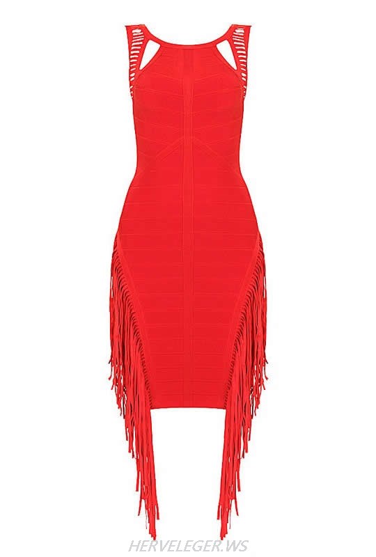 HERVE LEGER ROUND NECK FRINGE BANDAGE DRESS