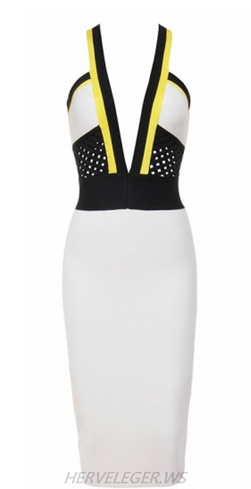 HERVE LEGER BLACK AND WHITE COLOR BLOCK DEEP V DRESS