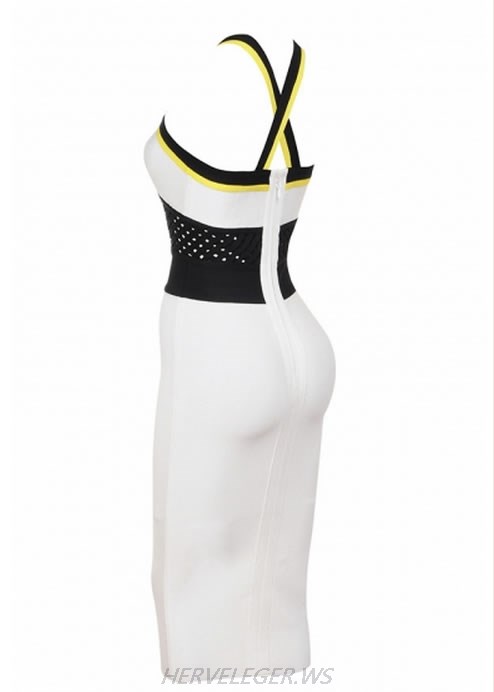 HERVE LEGER BLACK AND WHITE COLOR BLOCK DEEP V DRESS