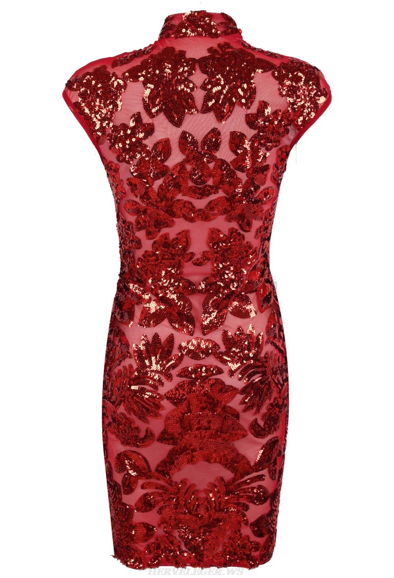 Herve Leger Red Cap Sleeve Sequin Dress