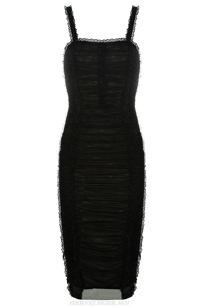 Herve Leger Black Lace Detail Ruched Dress