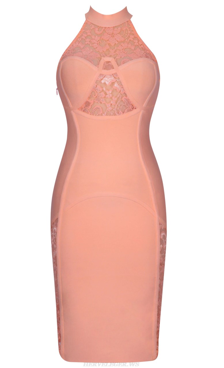 Herve Leger Salmon Lace Insert Lace Up Dress