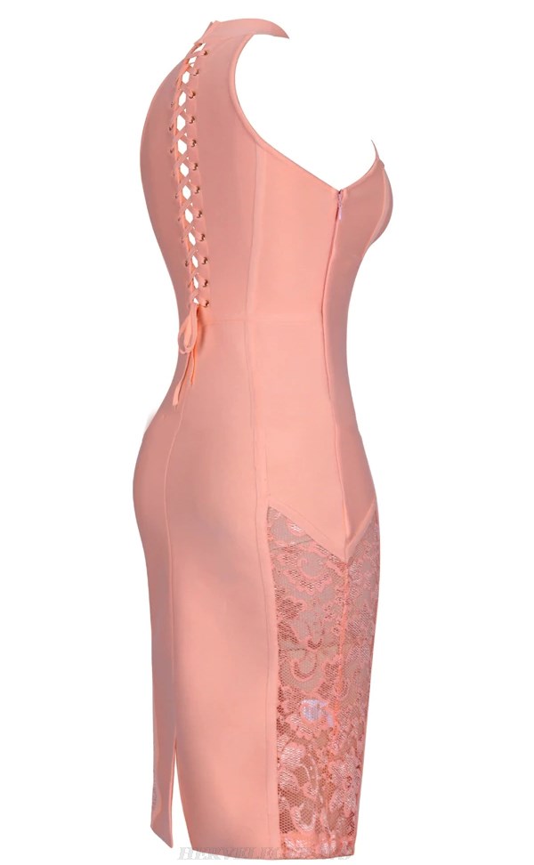 Herve Leger Salmon Lace Insert Lace Up Dress