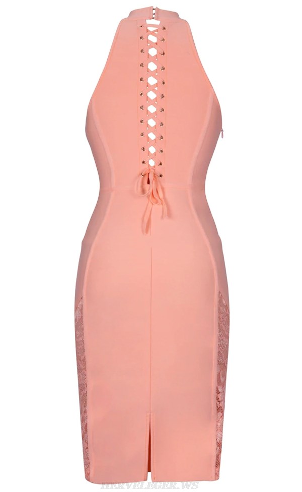 Herve Leger Salmon Lace Insert Lace Up Dress