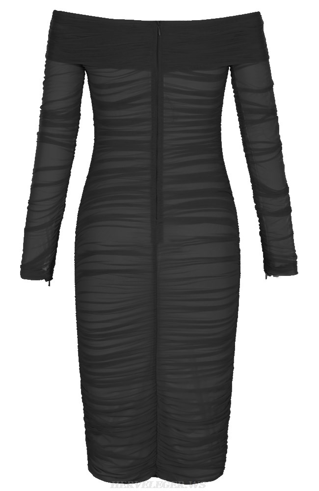 Herve Leger Black Long Sleeve Bardot Ruched Mesh Dress