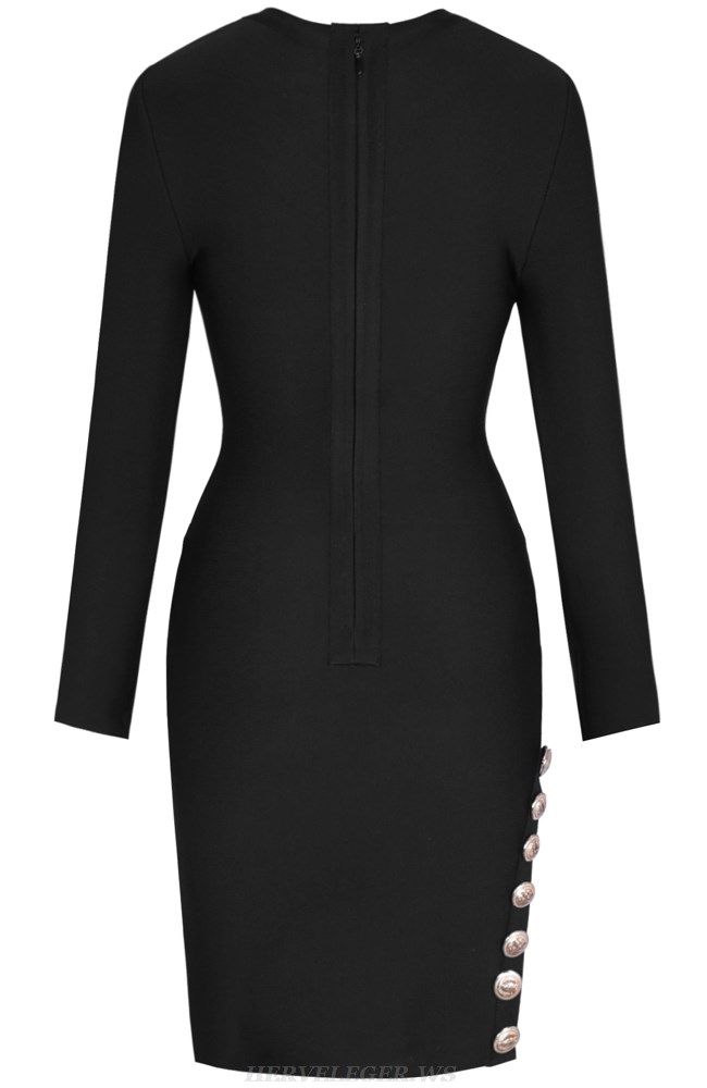 Herve Leger Black Long Sleeve Button Detail Dress