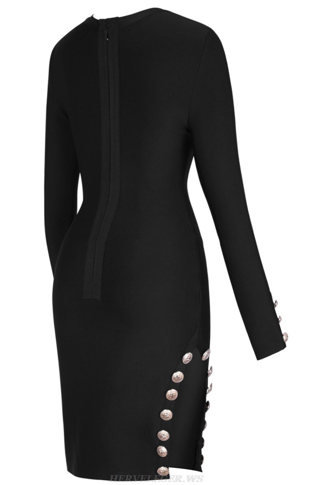 Herve Leger Black Long Sleeve Button Detail Dress