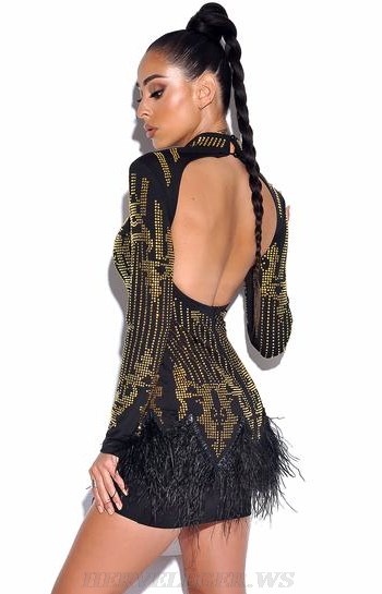 Herve Leger Black Long Sleeve Feather Embellished Dress