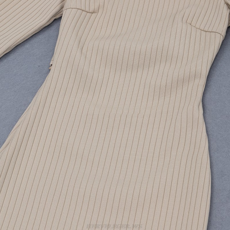 Herve Leger Nude Long Sleeve Open Back Ribbed Dress