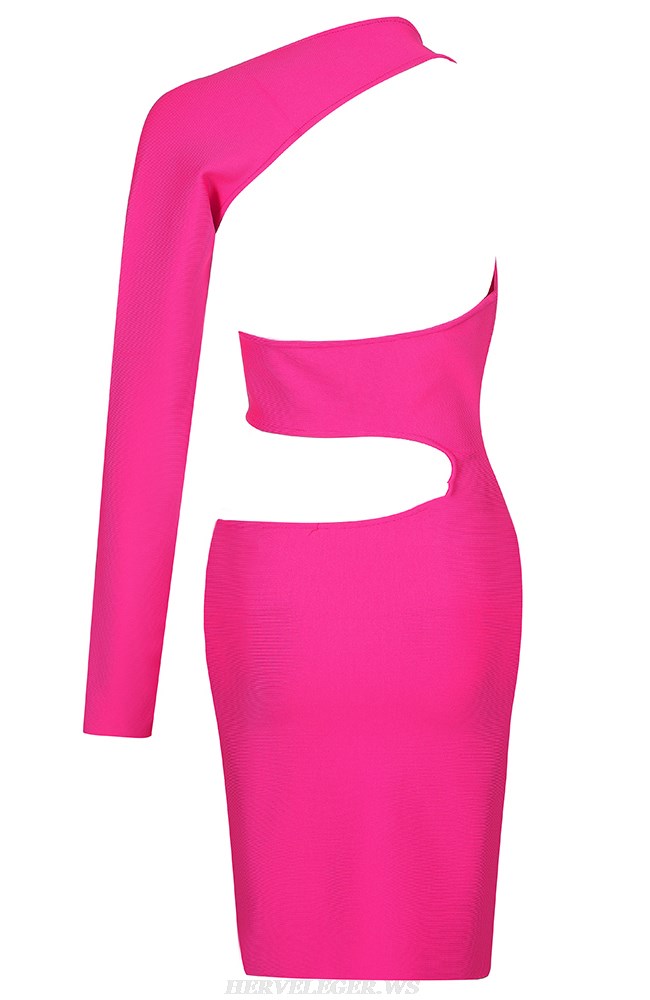 Herve Leger Neon Pink One Sleeve Asymmetric Dress