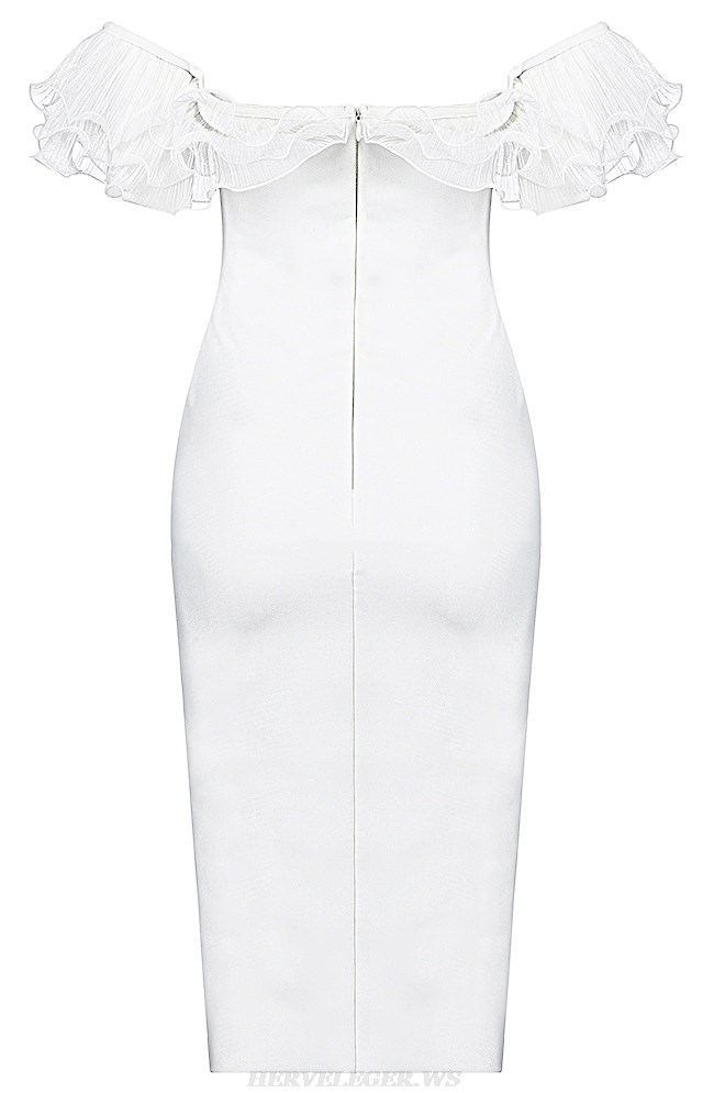 Herve Leger White Pleated Frill Bardot Dress