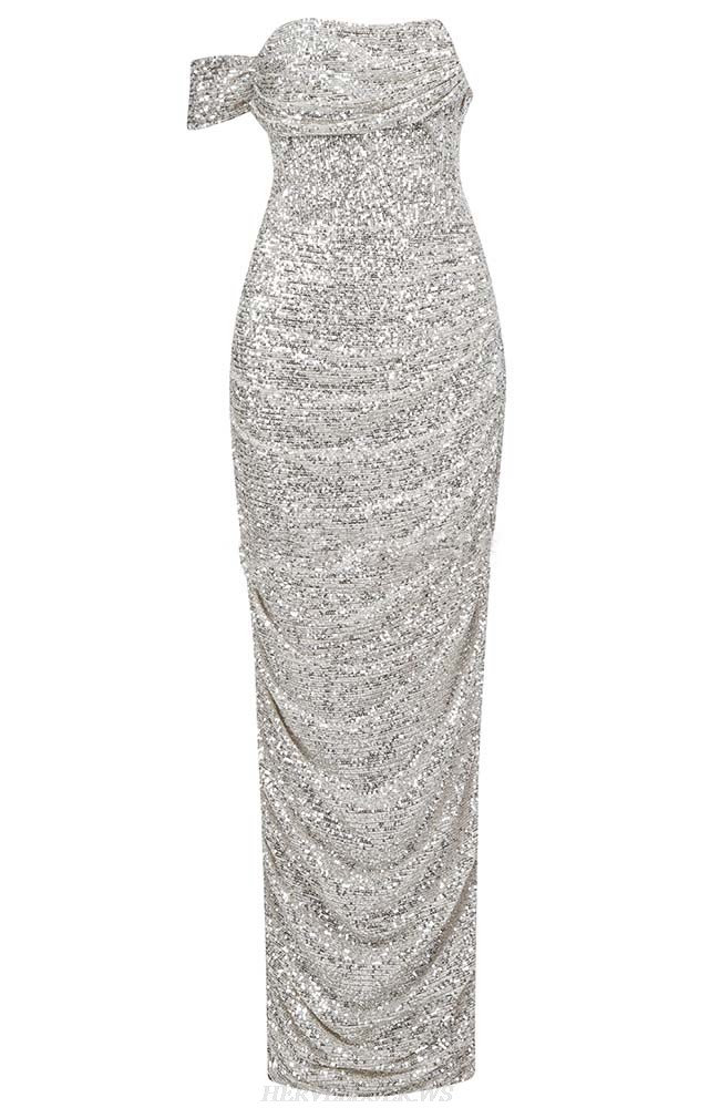 Herve Leger Silver Draped Bardot Sequin Gown