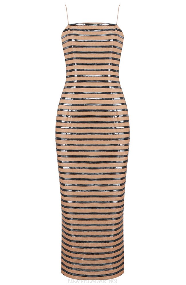 Herve Leger Brown Embellished Twim Dress