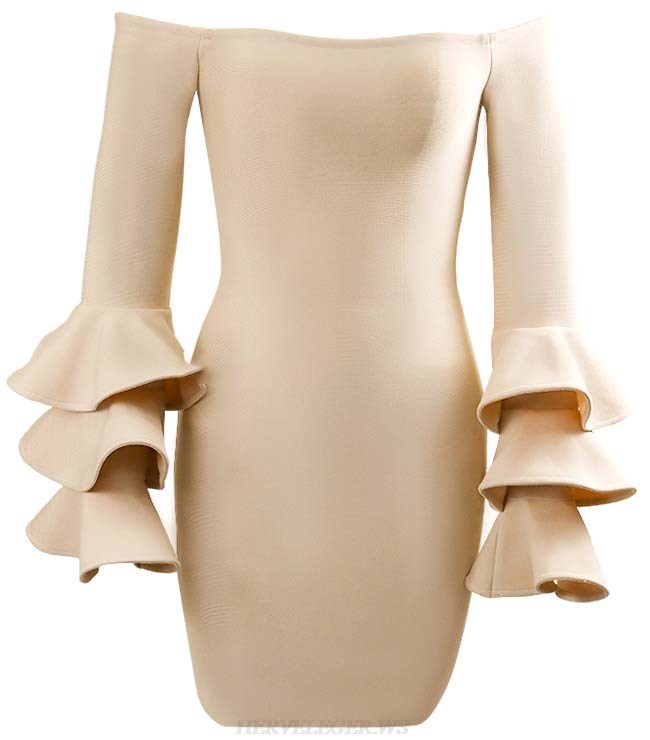 Herve Leger Nude Fluted Sleeve Bardot Dress