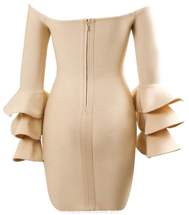 Herve Leger Nude Fluted Sleeve Bardot Dress