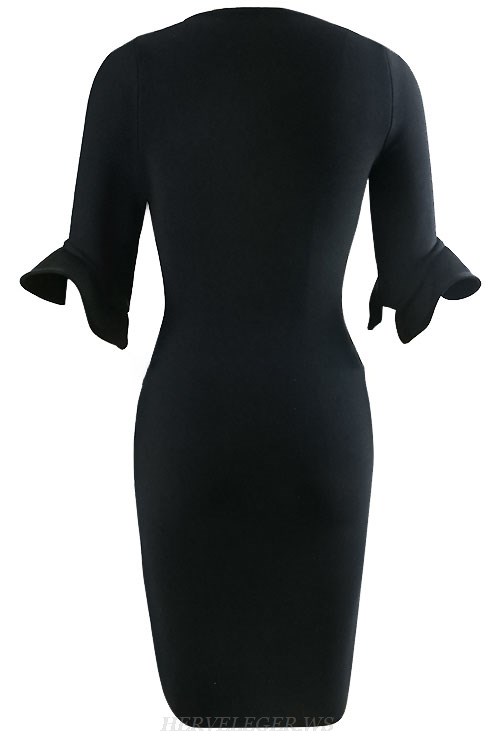 Herve Leger Black Fluted Sleeve Front Zip Dress