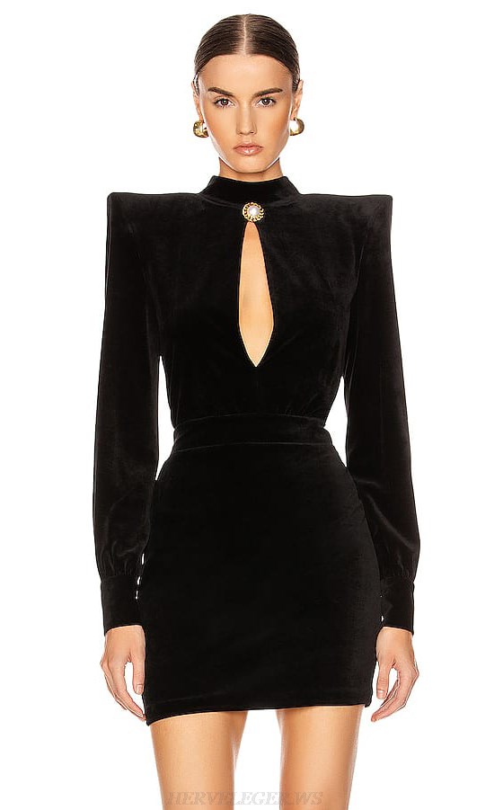 Herve Leger Black Long Sleeve Belt Velvet Dress