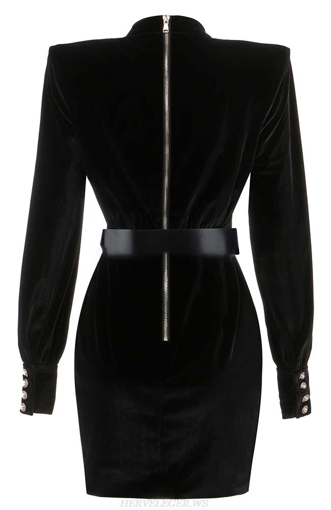 Herve Leger Black Long Sleeve Belt Velvet Dress