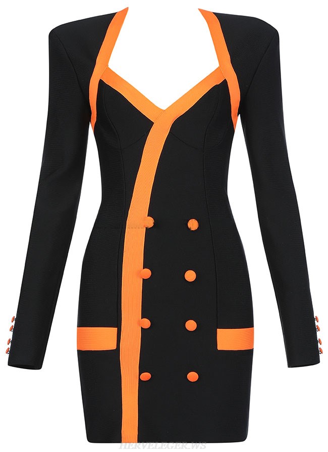 Herve Leger Black Orange Long Sleeve Button Detail Dress