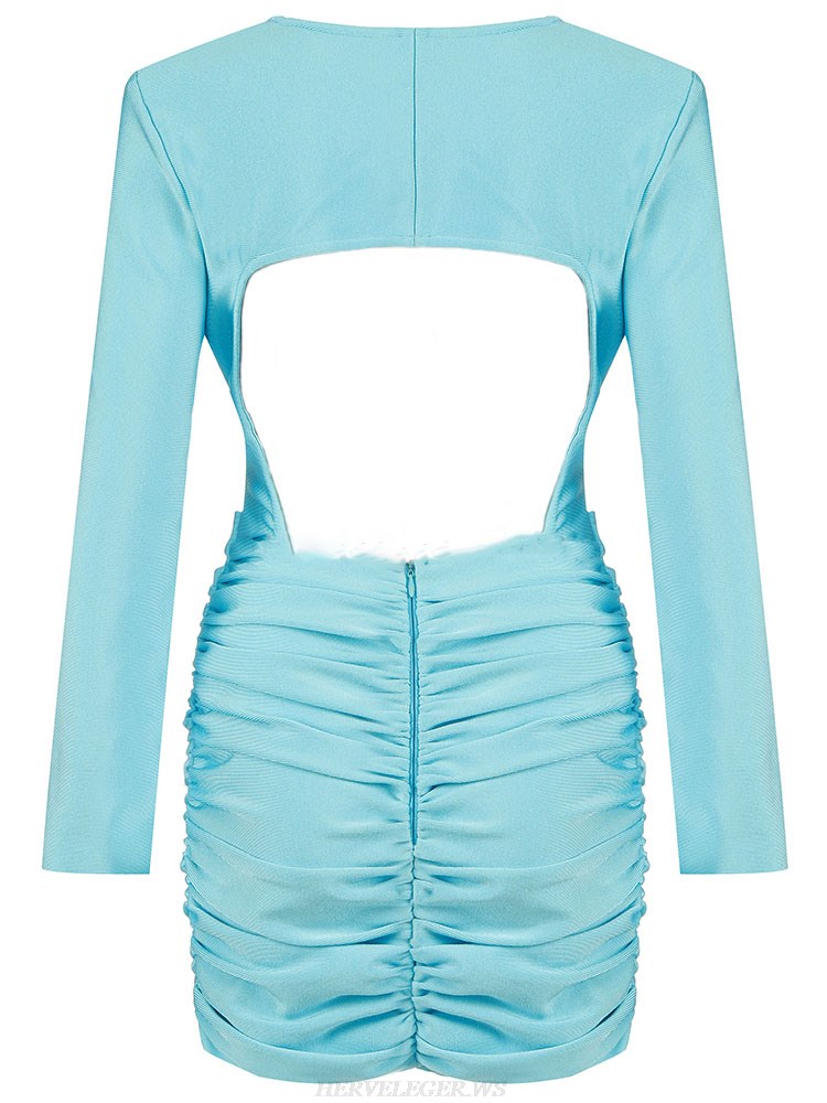 Herve Leger Turquoise Long Sleeve Ruched Dress