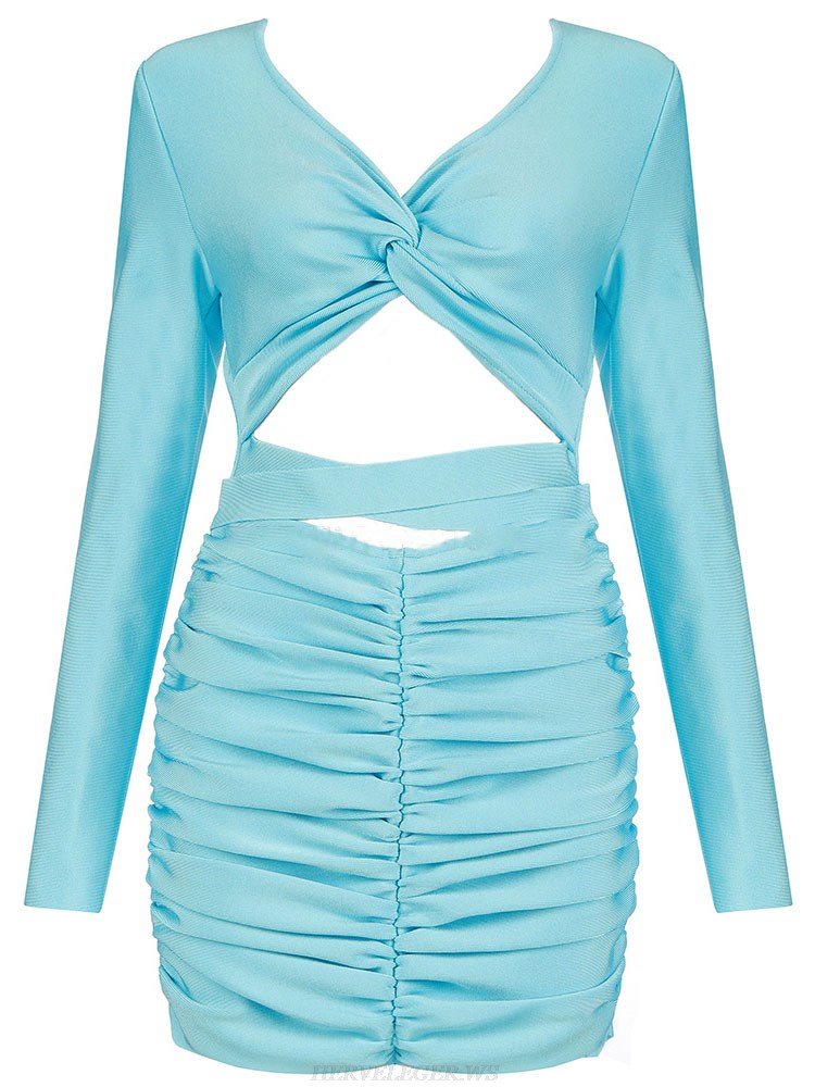 Herve Leger Turquoise Long Sleeve Ruched Dress