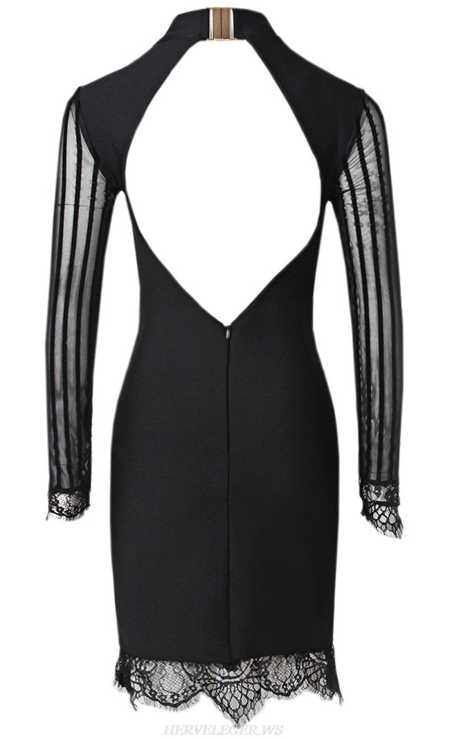 Herve Leger Black Long Sleeve Lace Backless Dress