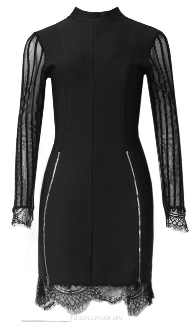 Herve Leger Black Long Sleeve Lace Backless Dress