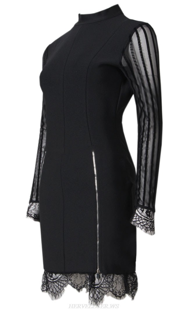 Herve Leger Black Long Sleeve Lace Backless Dress