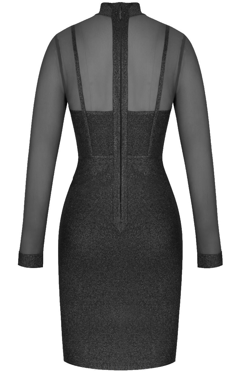 Herve Leger Black Long Sleeve Mesh Glitter Dress