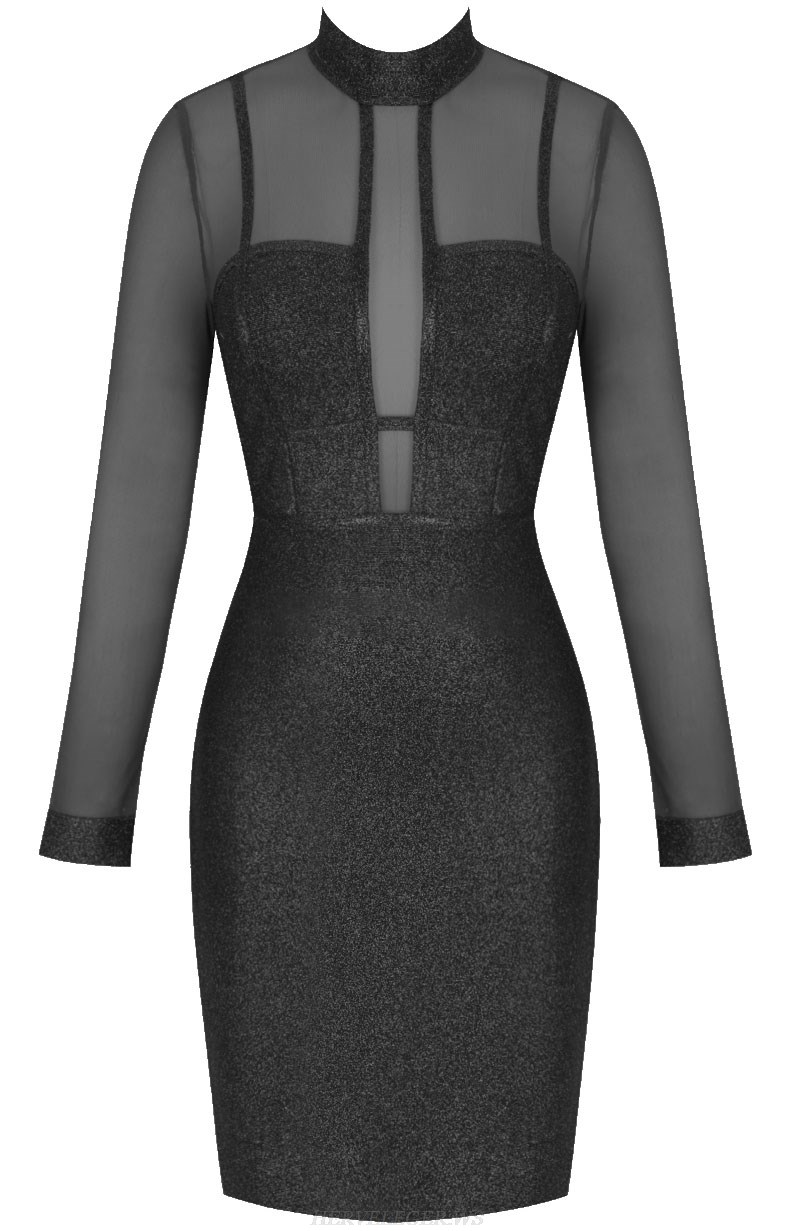 Herve Leger Black Long Sleeve Mesh Glitter Dress