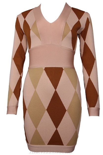 Herve Leger Brown Long Sleeve Rhombus Print Dress