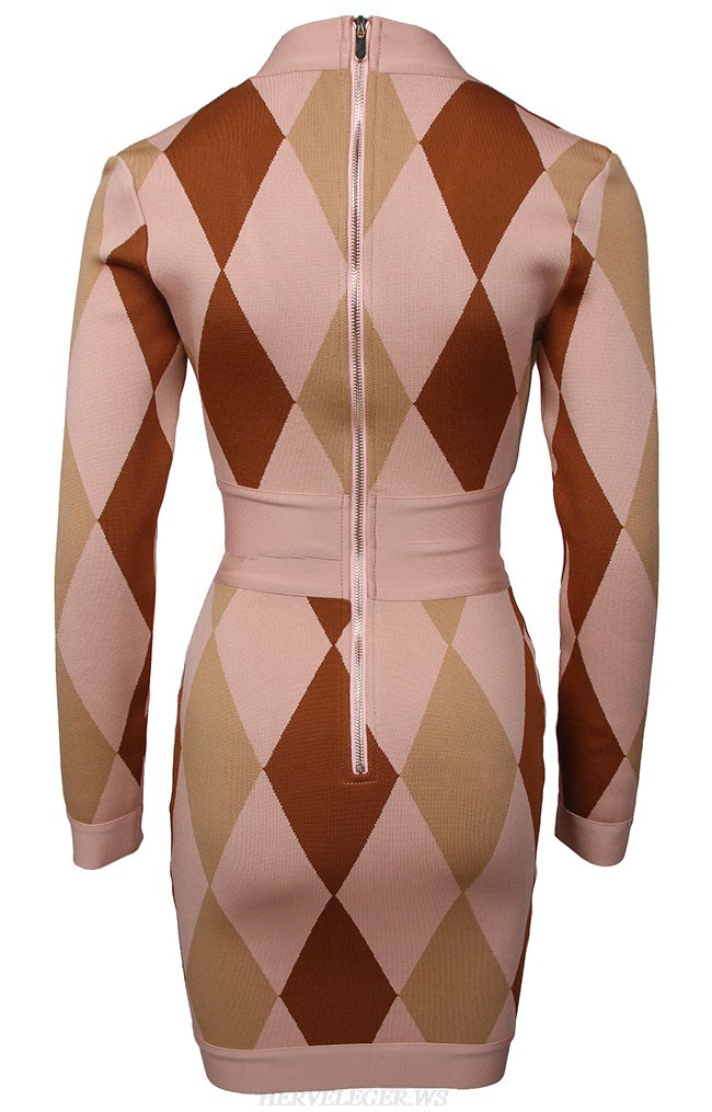 Herve Leger Brown Long Sleeve Rhombus Print Dress