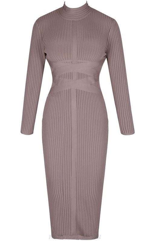 Herve Leger Brown Long Sleeve Ribbed Dress