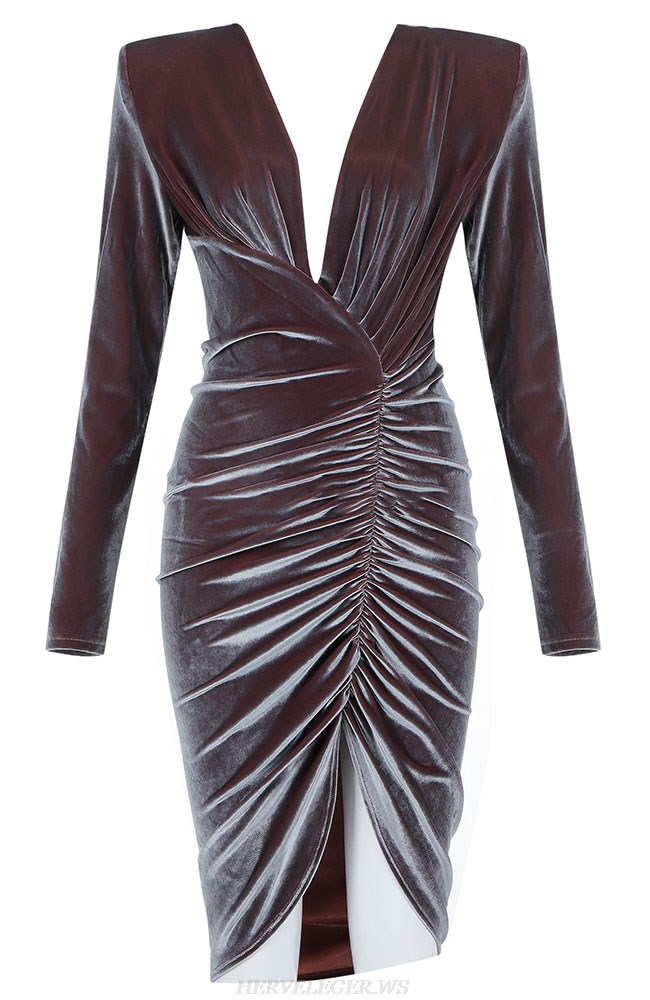 Herve Leger Long Sleeve Ruched Velvet Dress