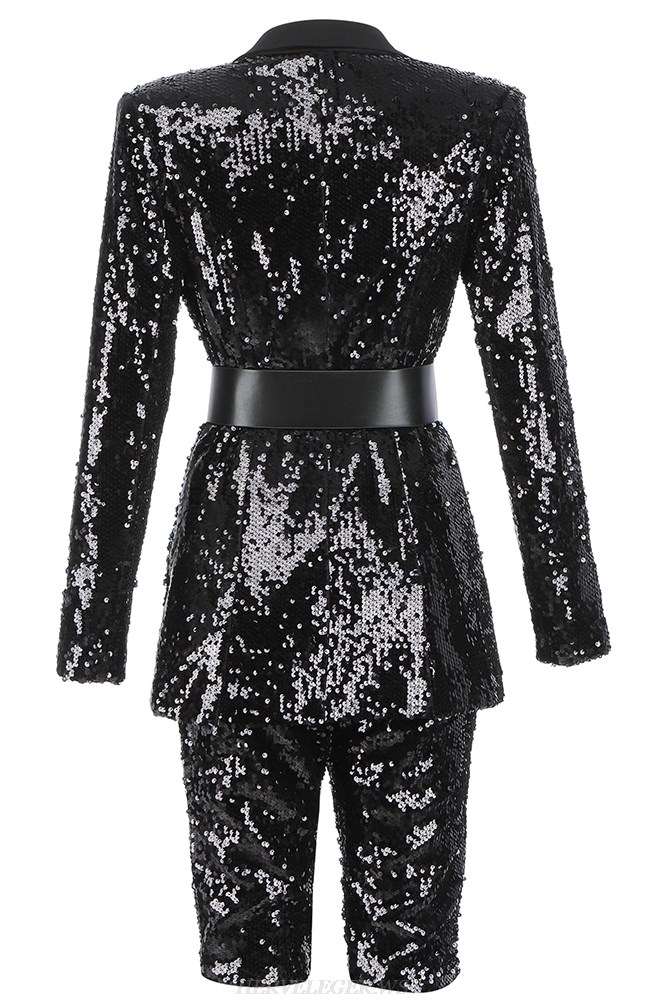 Herve Leger Black Long Sleeve Sequin Suit 