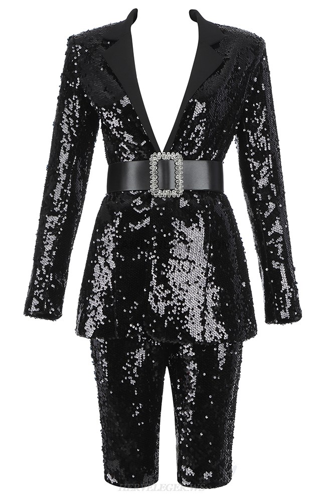 Herve Leger Black Long Sleeve Sequin Suit 