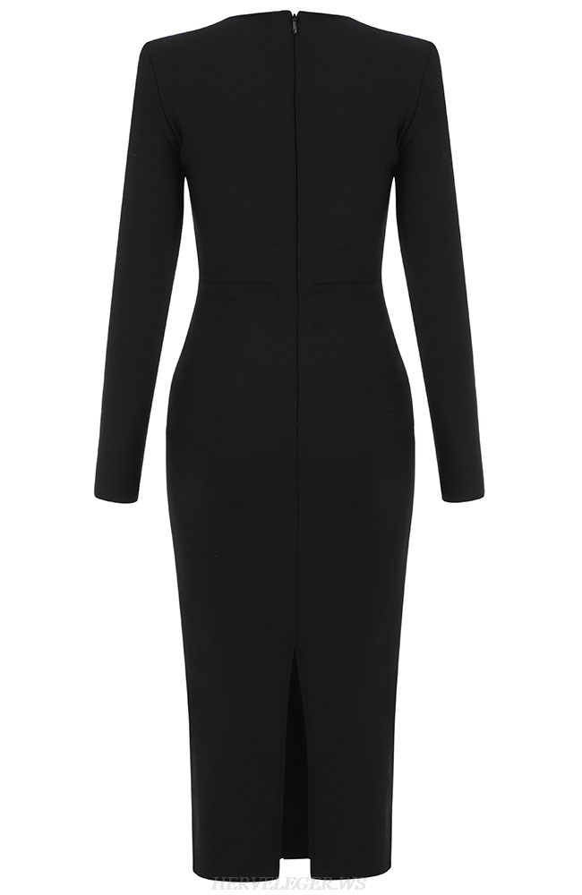 Herve Leger Black Long Sleeve Square Neck Dress