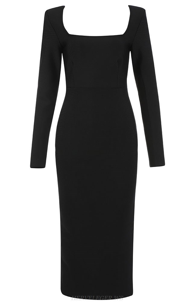 Herve Leger Black Long Sleeve Square Neck Dress