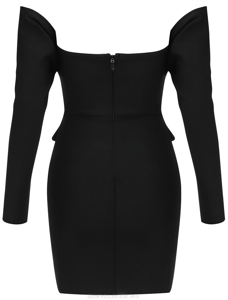 Herve Leger Black Long Sleeve Structured Bardot Dress